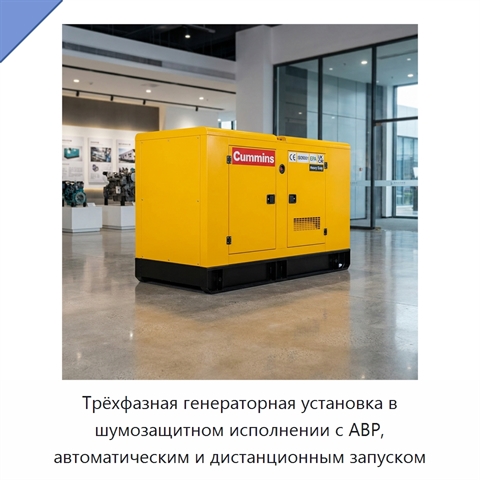 Трёхфазная генераторная установка в шумозащитном исполнении с АВР, автоматическим и дистанционным запуском