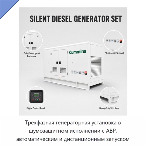 Трёхфазная генераторная установка в шумозащитном исполнении с АВР, автоматическим и дистанционным запуском