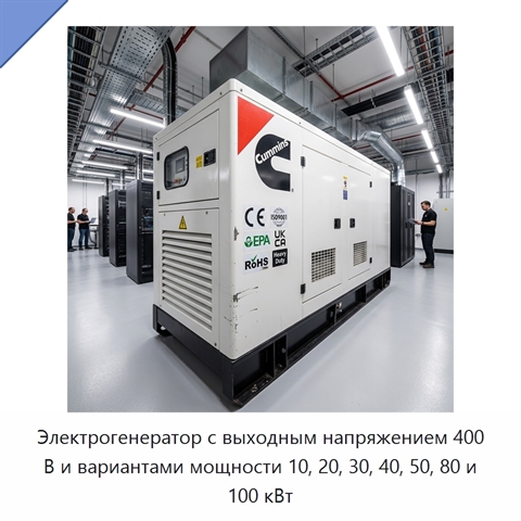 Электрогенератор с выходным напряжением 400 В и вариантами мощности 10, 20, 30, 40, 50, 80 и 100 кВт