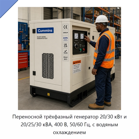 Переносной трёхфазный генератор 20/30 кВт и 20/25/30 кВА, 400 В, 50/60 Гц, с водяным охлаждением