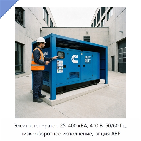 Электрогенератор 25–400 кВА, 400 В, 50/60 Гц, низкооборотное исполнение, опция АВР