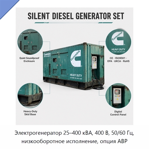 Электрогенератор 25–400 кВА, 400 В, 50/60 Гц, низкооборотное исполнение, опция АВР