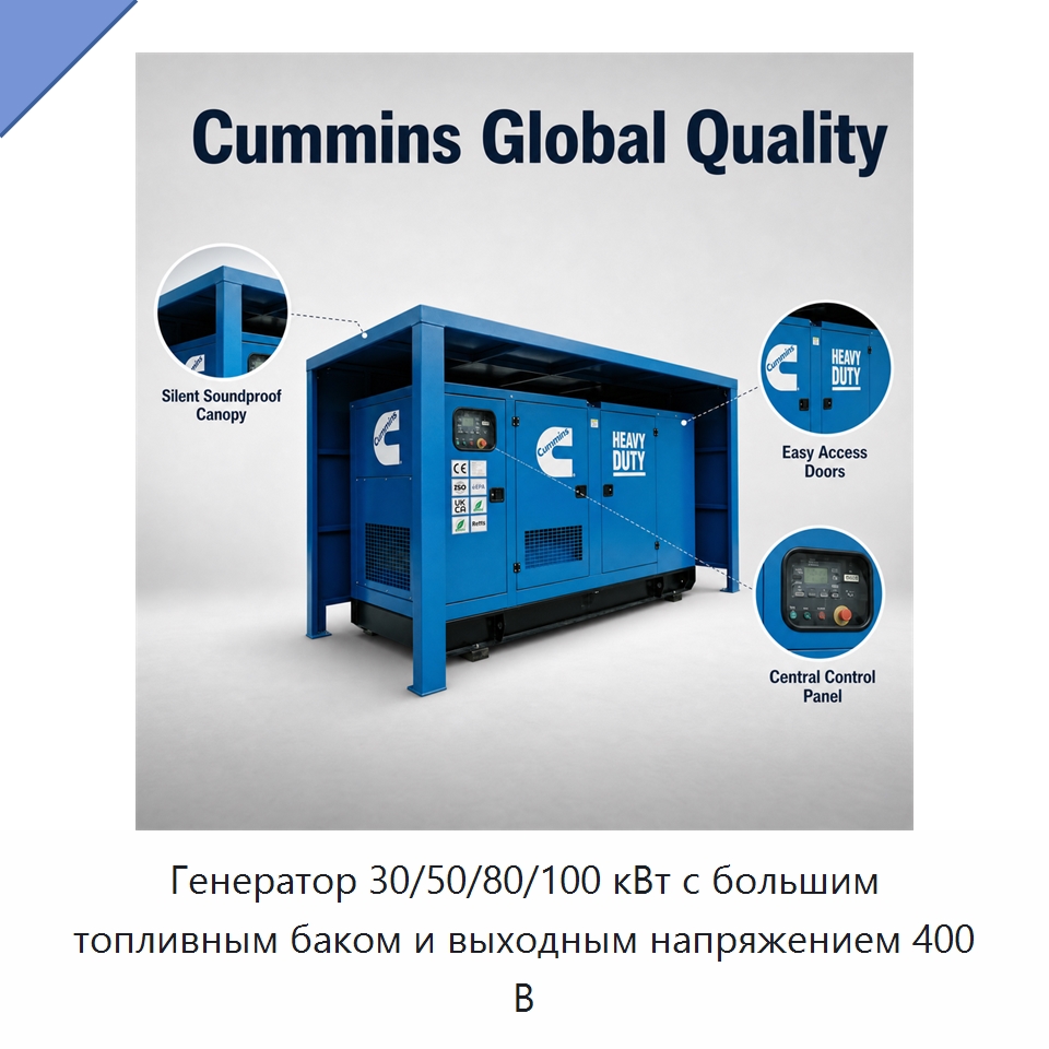 Генератор 30/50/80/100 кВт с большим топливным баком и выходным напряжением 400 В — Генерация электроэнергии