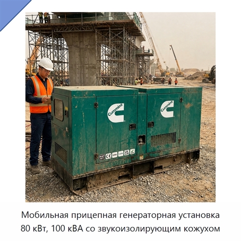Мобильная прицепная генераторная установка 80 кВт, 100 кВА со звукоизолирующим кожухом