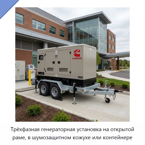 Трёхфазная генераторная установка на открытой раме, в шумозащитном кожухе или контейнере