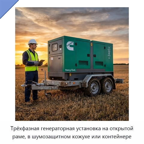Трёхфазная генераторная установка на открытой раме, в шумозащитном кожухе или контейнере