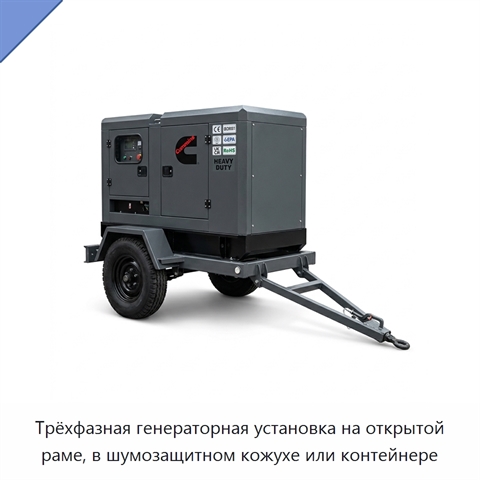 Трёхфазная генераторная установка на открытой раме, в шумозащитном кожухе или контейнере