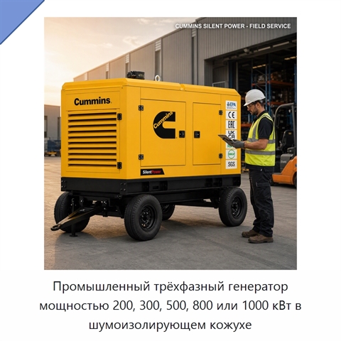Промышленный трёхфазный генератор мощностью 200, 300, 500, 800 или 1000 кВт в шумоизолирующем кожухе