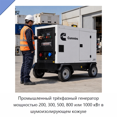 Промышленный трёхфазный генератор мощностью 200, 300, 500, 800 или 1000 кВт в шумоизолирующем кожухе