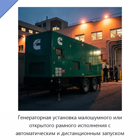 Генераторная установка малошумного или открытого рамного исполнения с автоматическим и дистанционным запуском