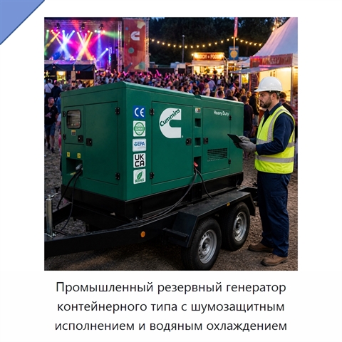Промышленный резервный генератор контейнерного типа с шумозащитным исполнением и водяным охлаждением