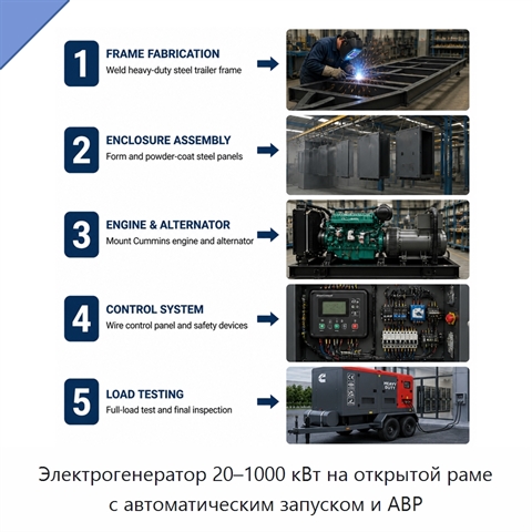 Электрогенератор 20–1000 кВт на открытой раме с автоматическим запуском и АВР