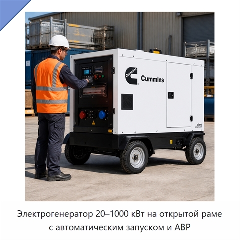 Электрогенератор 20–1000 кВт на открытой раме с автоматическим запуском и АВР