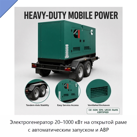 Электрогенератор 20–1000 кВт на открытой раме с автоматическим запуском и АВР