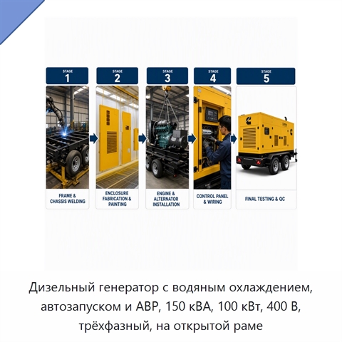 Дизельный генератор с водяным охлаждением, автозапуском и АВР, 150 кВА, 100 кВт, 400 В, трёхфазный, на открытой раме