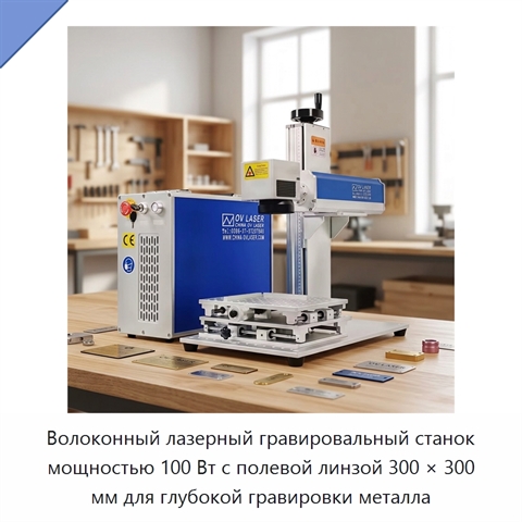 Волоконный лазерный гравировальный станок мощностью 100 Вт с полевой линзой 300 × 300 мм для глубокой гравировки металла