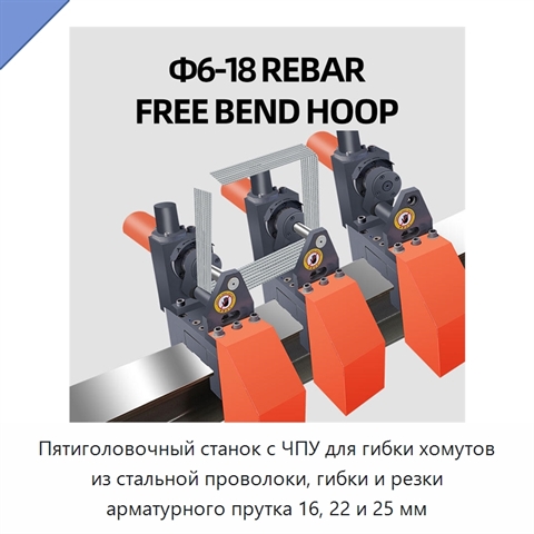 Пятиголовочный станок с ЧПУ для гибки хомутов из стальной проволоки, гибки и резки арматурного прутка 16, 22 и 25 мм