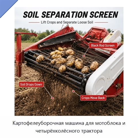 Картофелеуборочная машина для мотоблока и четырёхколёсного трактора