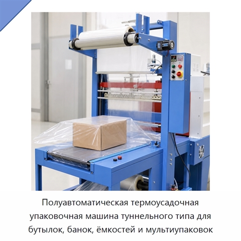 Полуавтоматическая термоусадочная упаковочная машина туннельного типа для бутылок, банок, ёмкостей и мультиупаковок