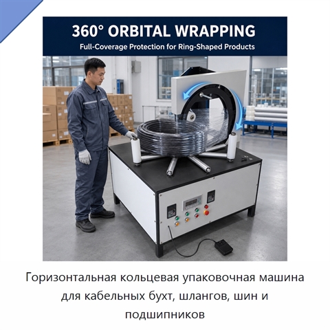 Горизонтальная кольцевая упаковочная машина для кабельных бухт, шлангов, шин и подшипников