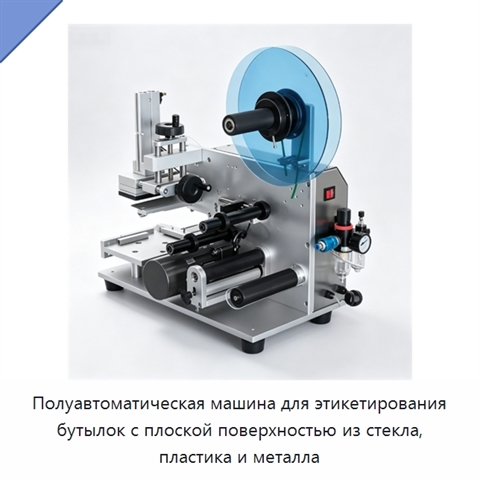 Полуавтоматическая машина для этикетирования бутылок с плоской поверхностью из стекла, пластика и металла