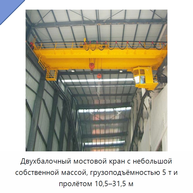 Двухбалочный мостовой кран с небольшой собственной массой, грузоподъёмностью 5 т и пролётом 10,5–31,5 м — Краны