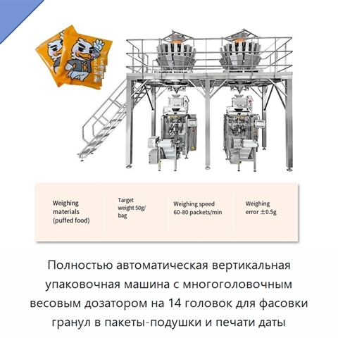 Полностью автоматическая вертикальная упаковочная машина с многоголовочным весовым дозатором на 14 головок для фасовки гранул в пакеты-подушки и печати даты