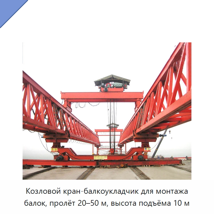 Козловой кран-балкоукладчик для монтажа балок, пролёт 20–50 м, высота подъёма 10 м — Краны