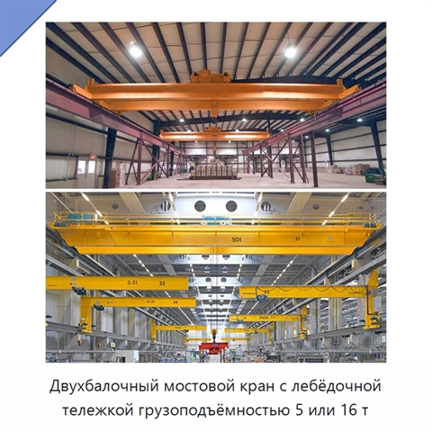 Двухбалочный мостовой кран с лебёдочной тележкой грузоподъёмностью 5 или 16 т
