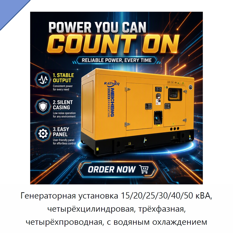 Генераторная установка 15/20/25/30/40/50 кВА, четырёхцилиндровая, трёхфазная, четырёхпроводная, с водяным охлаждением — Дизельные генераторы