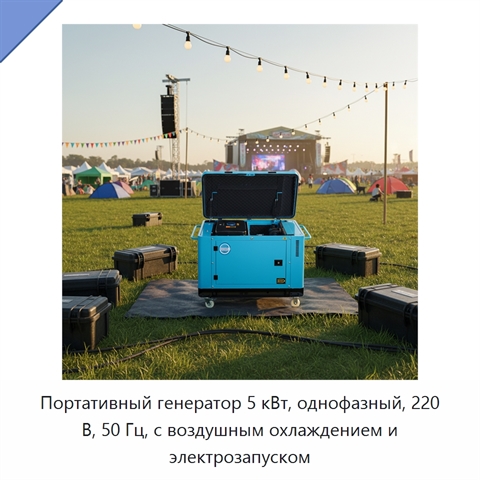 Портативный генератор 5 кВт, однофазный, 220 В, 50 Гц, с воздушным охлаждением и электрозапуском