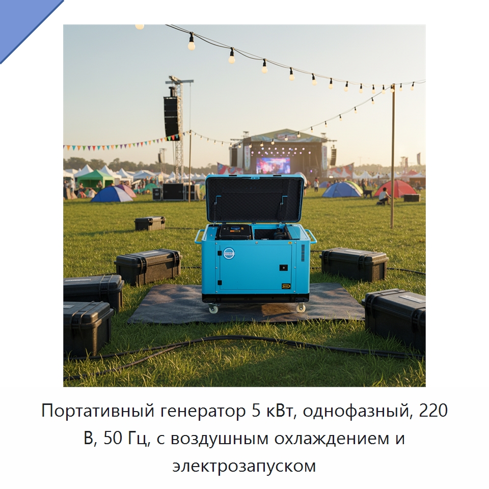 Портативный генератор 5 кВт, однофазный, 220 В, 50 Гц, с воздушным охлаждением и электрозапуском — Дизельные генераторы