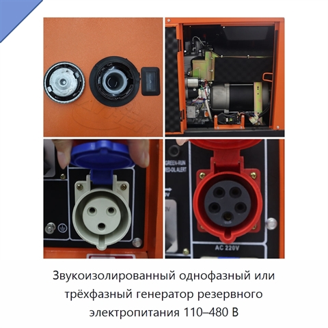 Звукоизолированный однофазный или трёхфазный генератор резервного электропитания 110–480 В