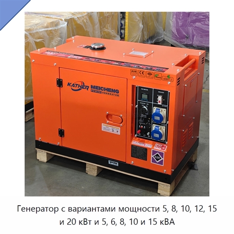 Генератор с вариантами мощности 5, 8, 10, 12, 15 и 20 кВт и 5, 6, 8, 10 и 15 кВА