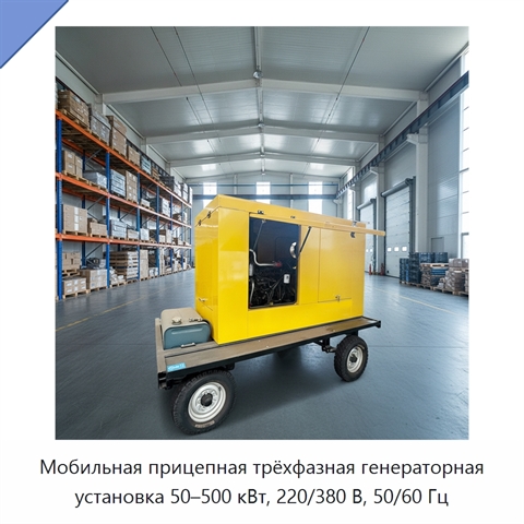 Мобильная прицепная трёхфазная генераторная установка 50–500 кВт, 220/380 В, 50/60 Гц