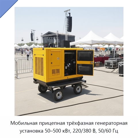 Мобильная прицепная трёхфазная генераторная установка 50–500 кВт, 220/380 В, 50/60 Гц
