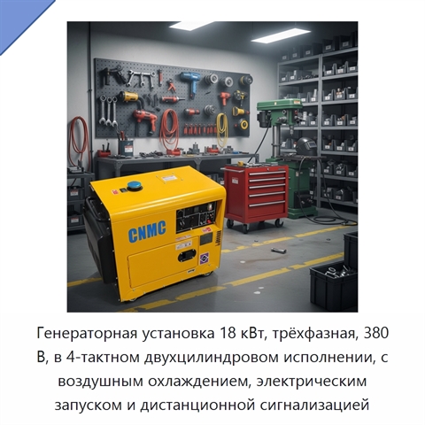 Генераторная установка 18 кВт, трёхфазная, 380 В, в 4-тактном двухцилиндровом исполнении, с воздушным охлаждением, электрическим запуском и дистанционной сигнализацией