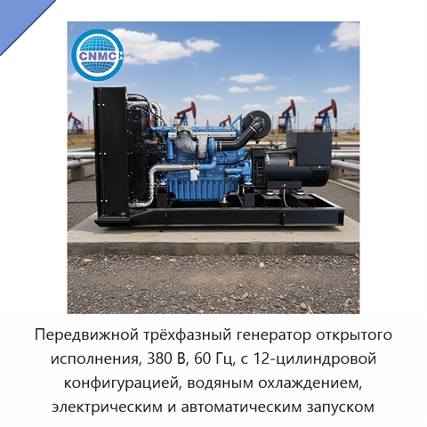 Передвижной трёхфазный генератор открытого исполнения, 380 В, 60 Гц, с 12-цилиндровой конфигурацией, водяным охлаждением, электрическим и автоматическим запуском