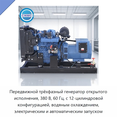 Передвижной трёхфазный генератор открытого исполнения, 380 В, 60 Гц, с 12-цилиндровой конфигурацией, водяным охлаждением, электрическим и автоматическим запуском