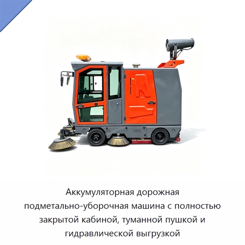 Аккумуляторная дорожная подметально-уборочная машина с полностью закрытой кабиной, туманной пушкой и гидравлической выгрузкой
