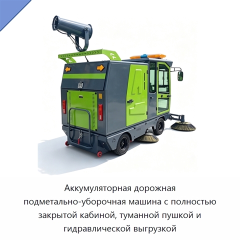 Аккумуляторная дорожная подметально-уборочная машина с полностью закрытой кабиной, туманной пушкой и гидравлической выгрузкой