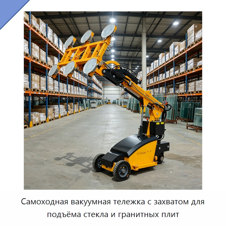 Самоходная вакуумная тележка с захватом для подъёма стекла и гранитных плит — Строительные подъёмники
