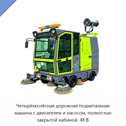 Четырёхколёсная дорожная подметальная машина с двигателем и насосом, полностью закрытой кабиной, 48 В