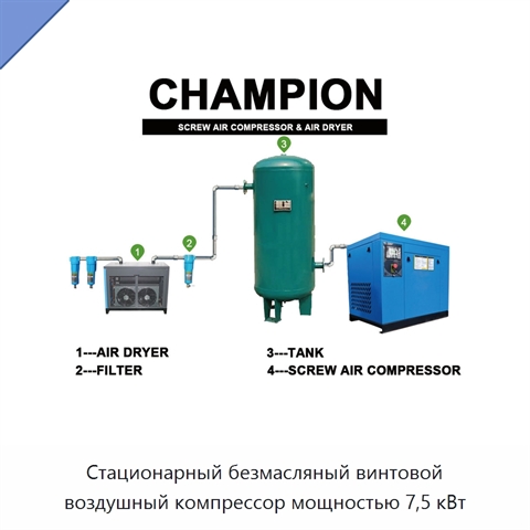 Стационарный безмасляный винтовой воздушный компрессор мощностью 7,5 кВт