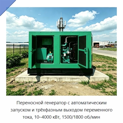 Переносной генератор с автоматическим запуском и трёхфазным выходом переменного тока, 10–4000 кВт, 1500/1800 об/мин