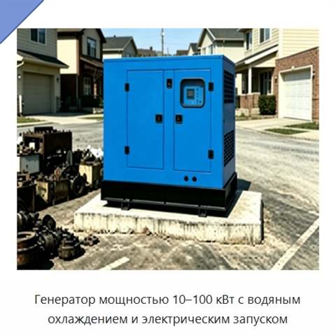 Генератор мощностью 10–100 кВт с водяным охлаждением и электрическим запуском