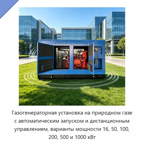 Газогенераторная установка на природном газе с автоматическим запуском и дистанционным управлением, варианты мощности 16, 50, 100, 200, 500 и 1000 кВт