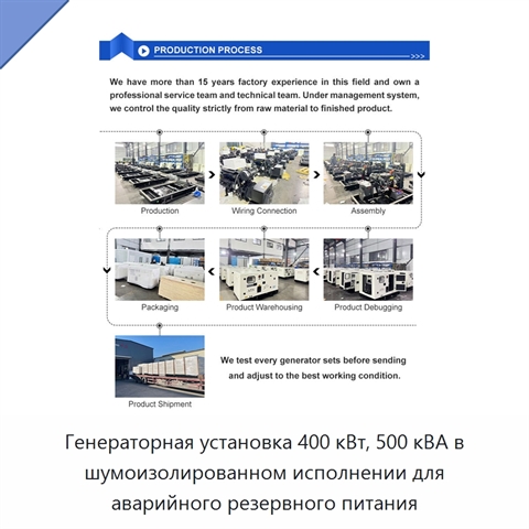 Генераторная установка 400 кВт, 500 кВА в шумоизолированном исполнении для аварийного резервного питания