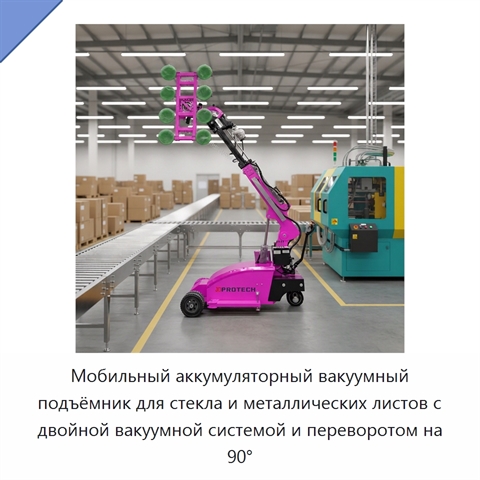 Мобильный аккумуляторный вакуумный подъёмник для стекла и металлических листов с двойной вакуумной системой и переворотом на 90°
