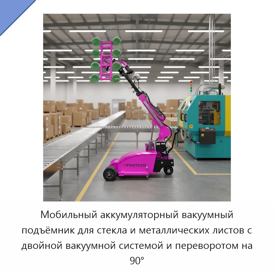 Мобильный аккумуляторный вакуумный подъёмник для стекла и металлических листов с двойной вакуумной системой и переворотом на 90° — Вакуумные грузозахваты
